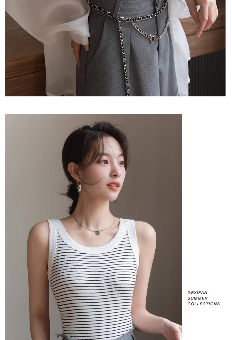 LangSha Women's Summer Thin Striped Camisole Tank Top, Elastic Slim-Fit Breathable Sleeveless Undershirt, Suitable for Layering Or Wearing As Outerwear 14