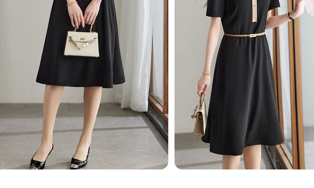 YUZHAOLIN Colorblock Short Sleeve Dress Women Waist Slim Elegant Fashion Lapel Little Black Dress (with Belt) Y52Q038 12