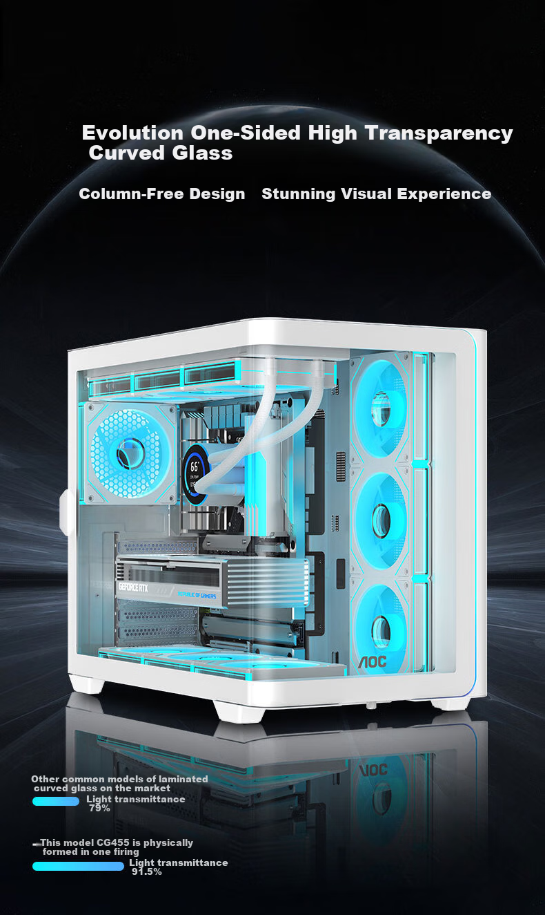 AOC CG455 White ATX Desktop Computer Case with Integrated Curved Tempered Glass Panel, 10 Fan Positions, 360mm Water Cooling Support, Left And Right Compartment Separation, Quick-Release Desig 1
