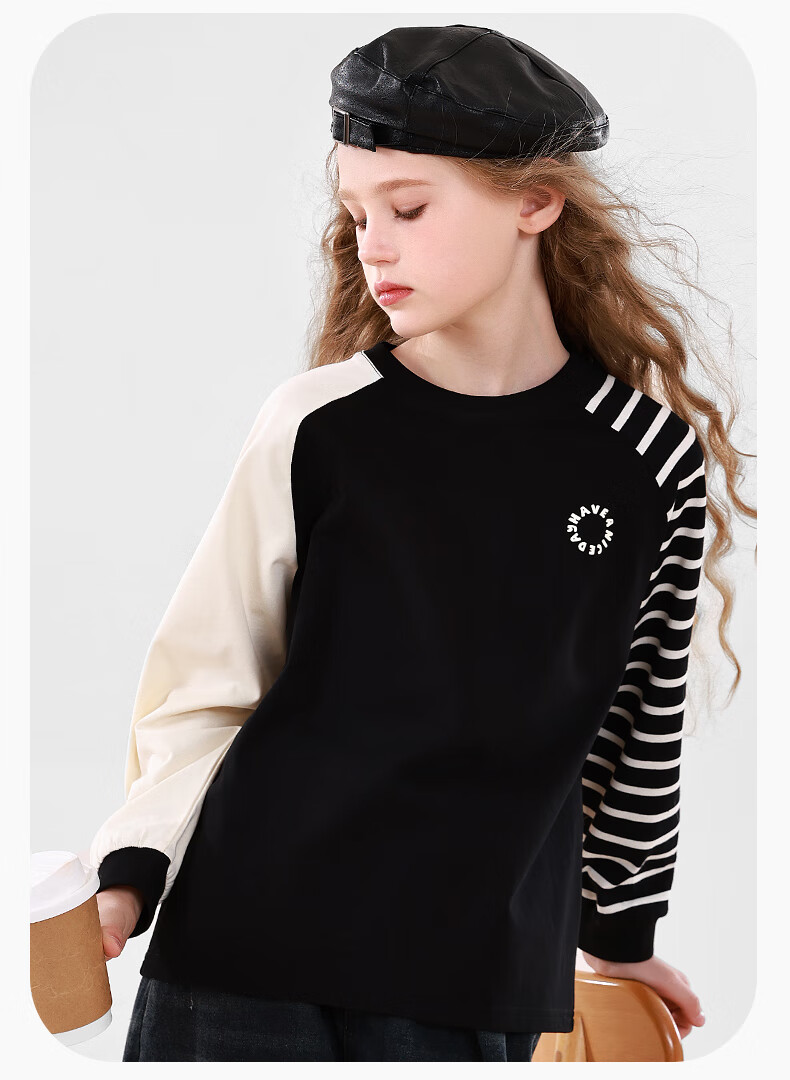 Duomiaowu Girls' Long-Sleeve T-Shirt, Spring And Autumn Top, Outdoor Children's Clothing, Stylish Base Layer for Kids, 910119 Black, Size 140 6