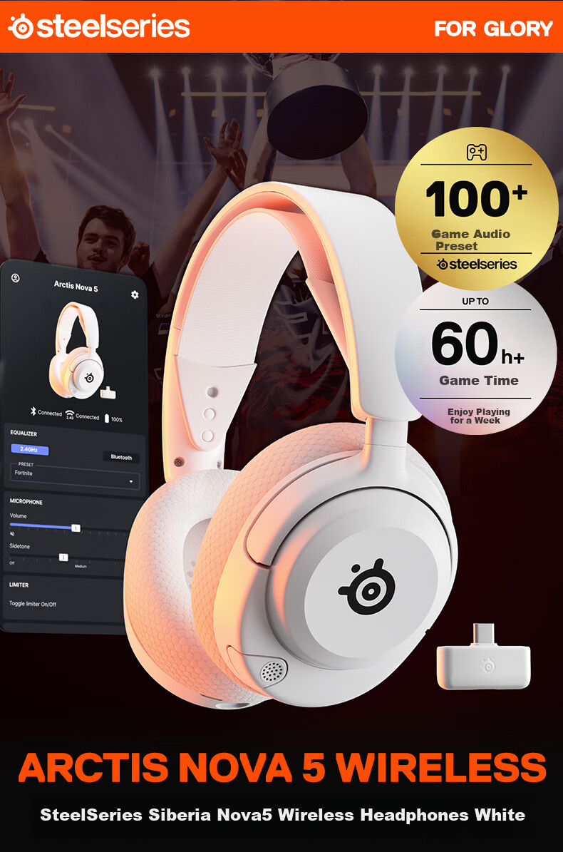 SteelSeries Hanbing Nova5P White, 2.4G/Bluetooth Headset, Dual Wireless Connection, Gaming E-Sports Computer Noise-Cancelling Headset, PS5 Enhanced, for CS:GO, PUBG, Gaokao 1