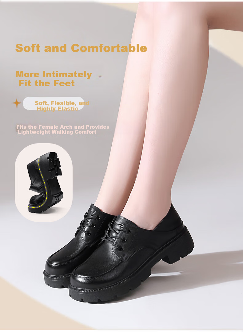 Qiangren Women's Shoes, Top-Grain Leather, Breathable Thick-Soled Flats, Comfortable Wide-Fit Leather Shoes, Loafers, JDA73272, Black, Size 37 6