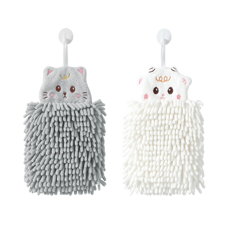 Wuyinliangpin Chenille Hand Towels, 2 Pack, Cute Antibacterial Non-Shedding Hand Towels for Kitchen And Bathroom, Gray And White
