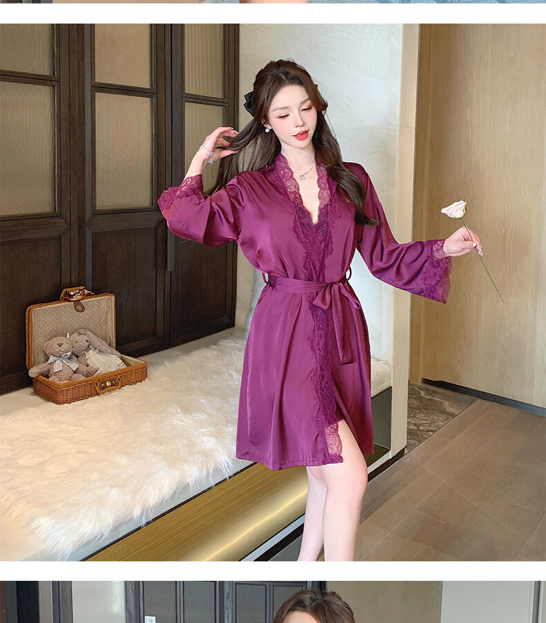 YINSLEEP Summer Thin Purple Elegant Satin Light Luxury Lace Nightgown, French Pure Desire Style Sexy Spaghetti Strap Sleepwear 7