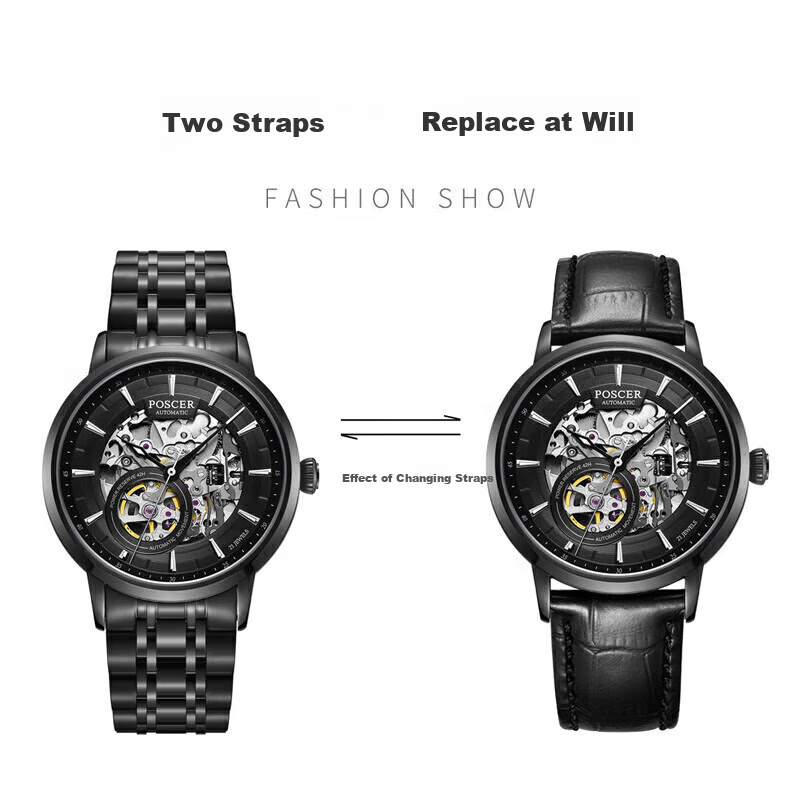POSCER Men's Stainless Steel Hollow Mechanical Watch Top Ten Brand Men's Watch New Year Gift for Boyfriend 51020M.BBB