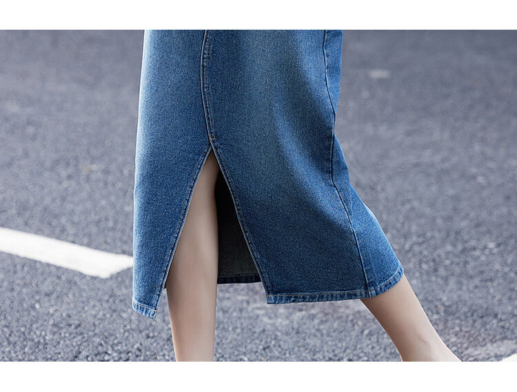 Dme [Ruffled Skirt] Autumn Casual Style Front Slit Triangle Design Denim Midi Skirt for Wome 13