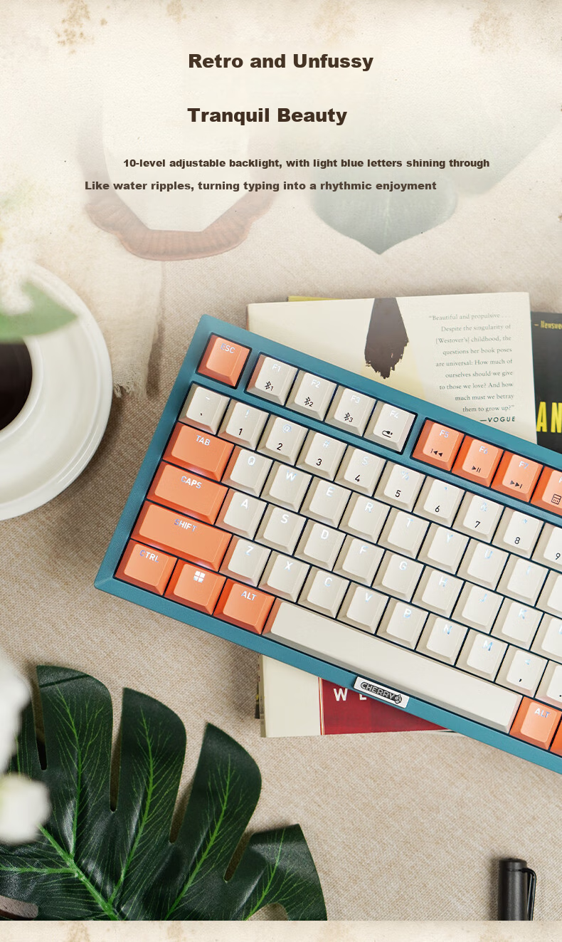 CHERRY KW300MX TKL Mechanical Keyboard, 81 Keys, New Vintage Wireless Hot-Swappable, Compatible with MACMINI, for Gaming And Office Use at Home, Pink/blue, Red Switches 5