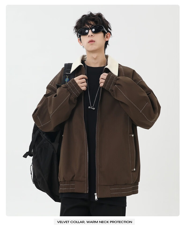Wassup Sohot Men's Jacket, Spring And Autumn American Workwear Style Coat, Trendy Loose-Fit Lapel Outerwear for Men, Black, Size M 10