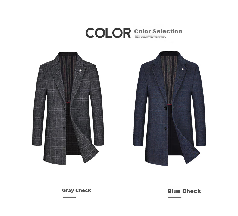 ROMON Mid-Length Double-Sided Wool Coat, Men's Thickened Woolen Overcoat, Trench Coat, Suit Collar, Double-Sided Wool Winter Jacket for Men, Gray Plaid, Size 170 4