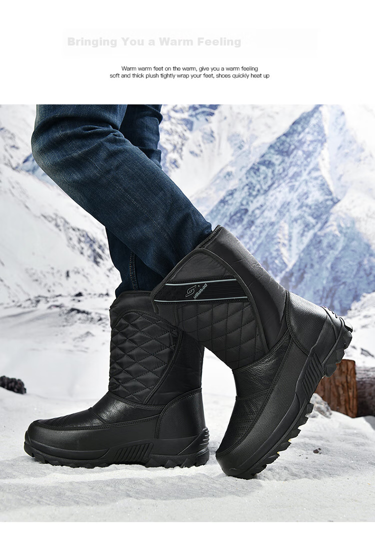 Yijiabao Snow Boots for Men, Winter Men's Shoes, Fleece-Lined for Warmth, Waterproof, Northeast Travel Shoes, Cowhide Sole Non-Slip Shoes, Black, Size 40 12