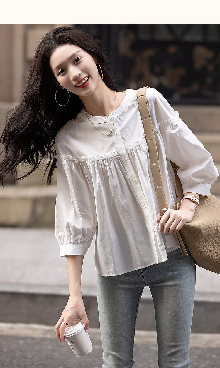 Dme [Gentle Trailer] Spring And Summer French Pure Cotton Pleated Wrinkled Shirt with Ruffle Collar And Puff Sleeves Women's Blouse Top 11