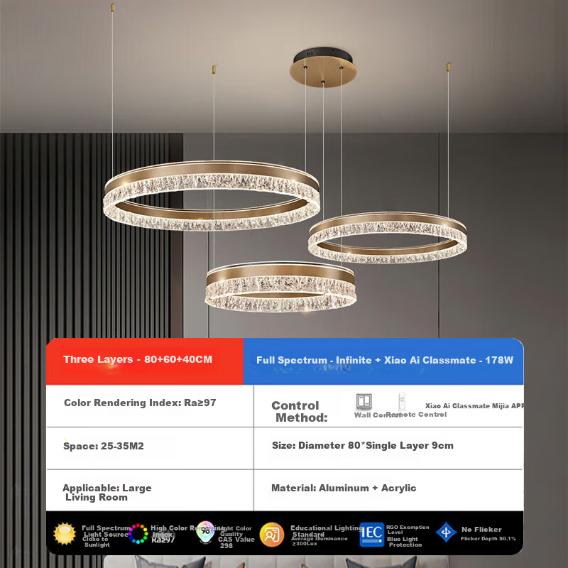 JIAOJIAOZHE Light Luxury Pendant Lamp, Smart Living Room Chandelier, Modern Simple Elegant, 2024 New Model, Three-Circle Round Main Hall Light Fixture