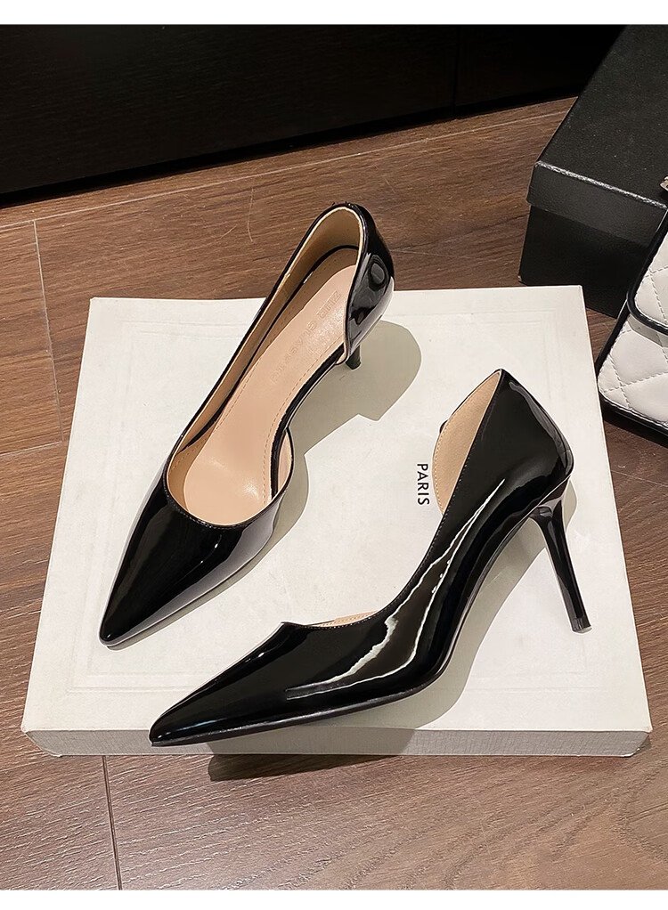 ZHR Valentine's Day Women's Nude Low-Cut Heels, Fashionable Stilettos, Elegant Slimming Patent Leather Versatile Professional Women's Shoes 16