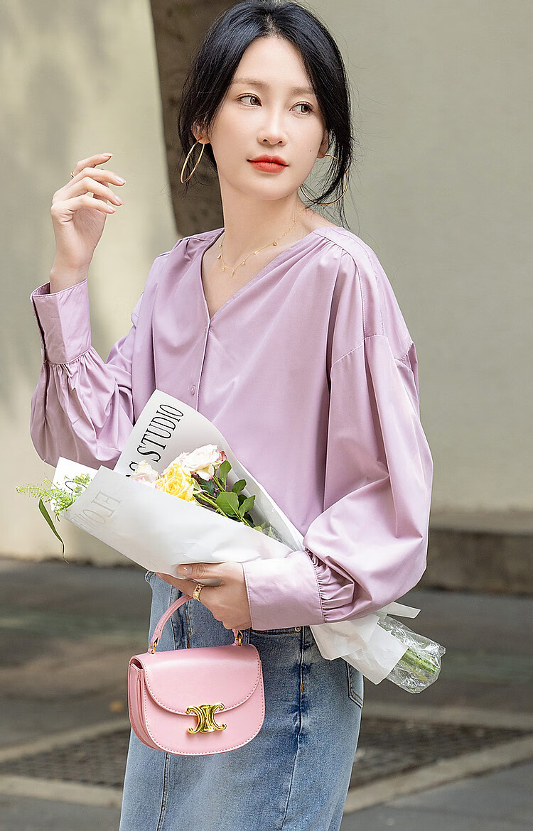 Dme [Dopamine Color Palette] Spring And Autumn French Relaxed V-Neck Shirt, Elastic Comfortable Slimming Blouse, Women's Top 12