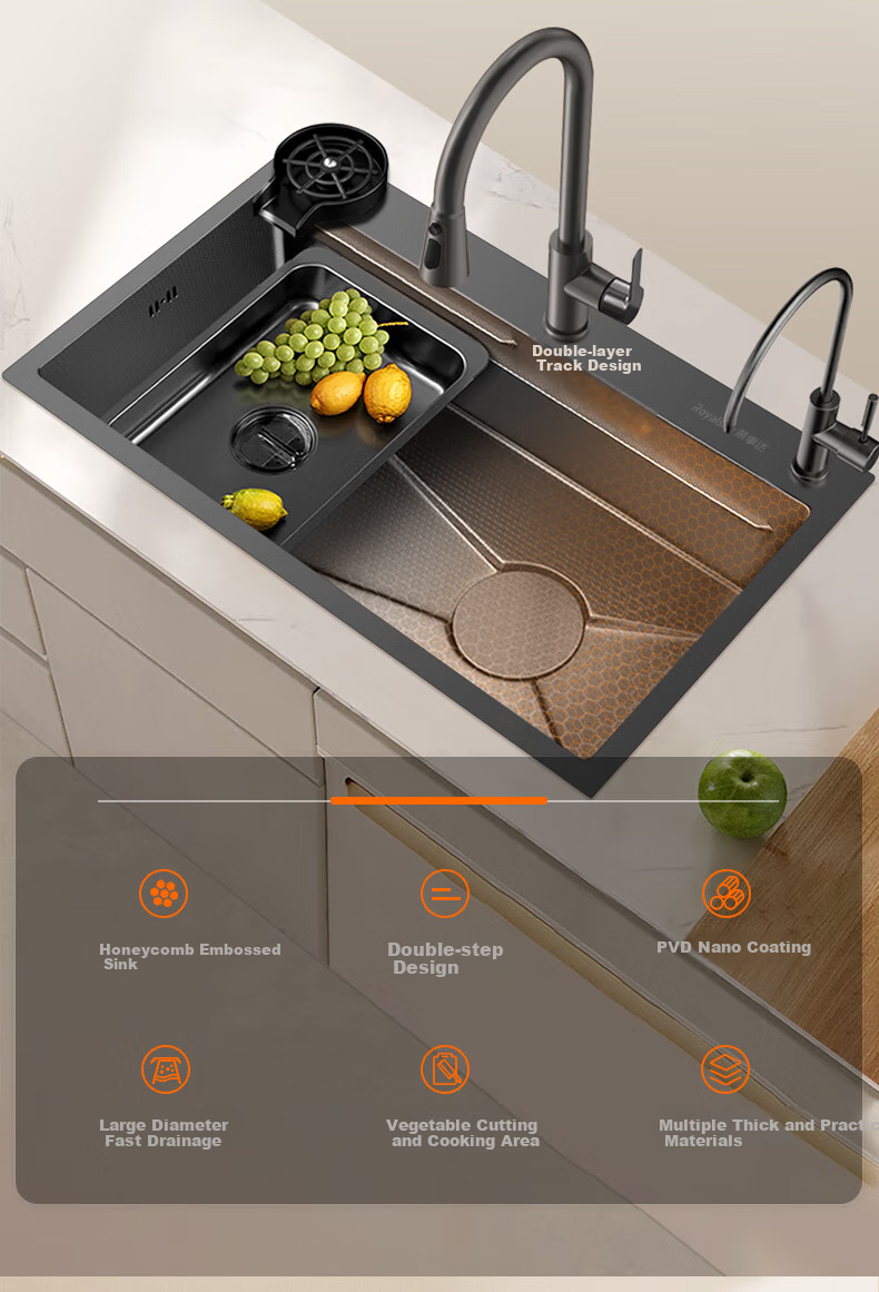 Royalstar Kitchen Sink, Large Single Basin, Handmade Thickened 304 Stainless Steel, Textured Anti-Scratch Double-Layer Step Vegetable Washing Basin, 80*45 2