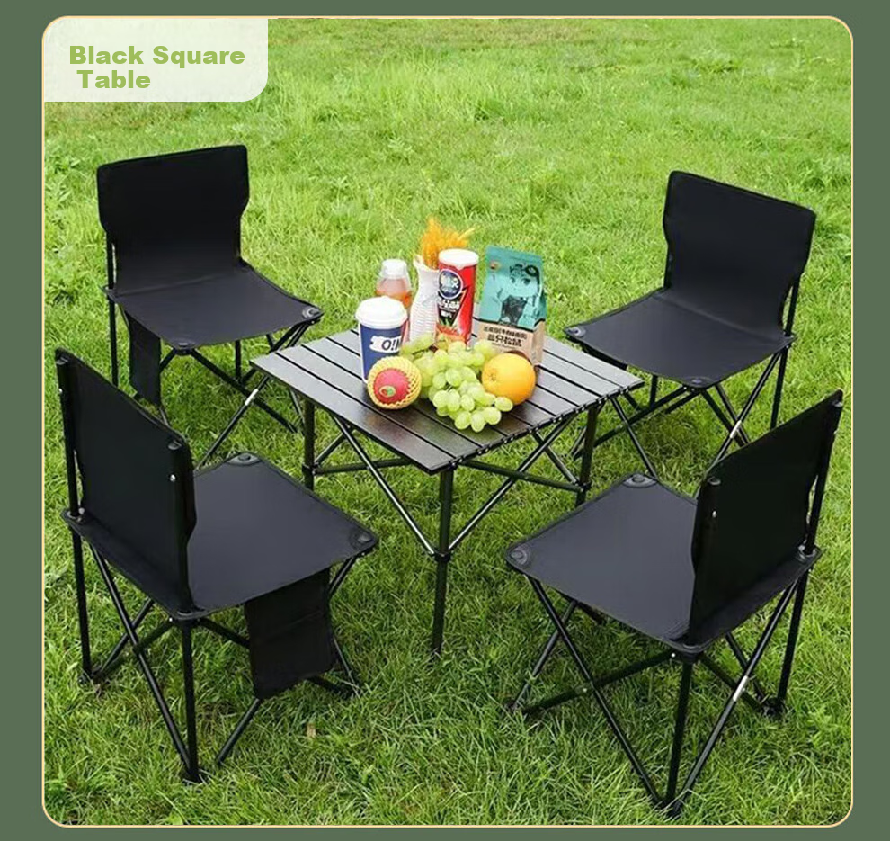 Jiuqiangu Outdoor Folding Table, Portable Picnic Table, Egg Roll Table, Carbon Steel Camping Black Square Table And Chairs, Camping Equipment 2792 7