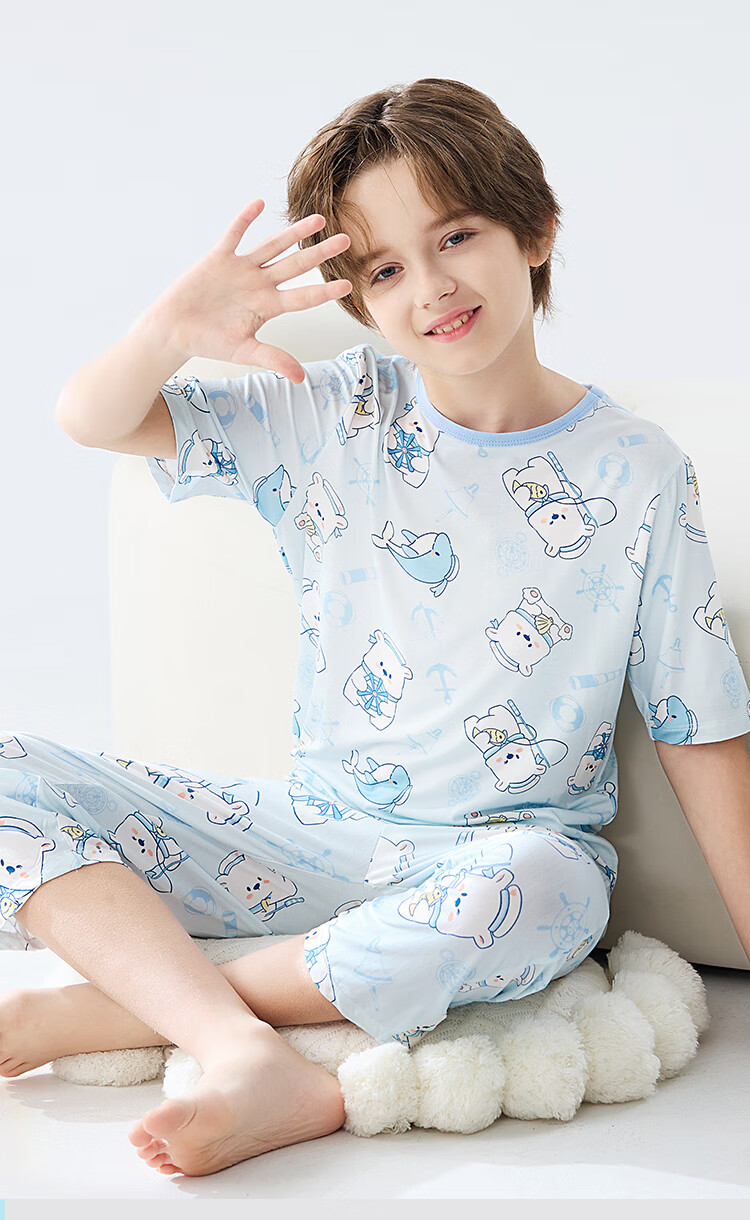 MiiOW Children's Pajamas for Boys [Youkesi + Cool Touch] Summer Thin Air Conditioning Wear Boys' Home Wear Set 2