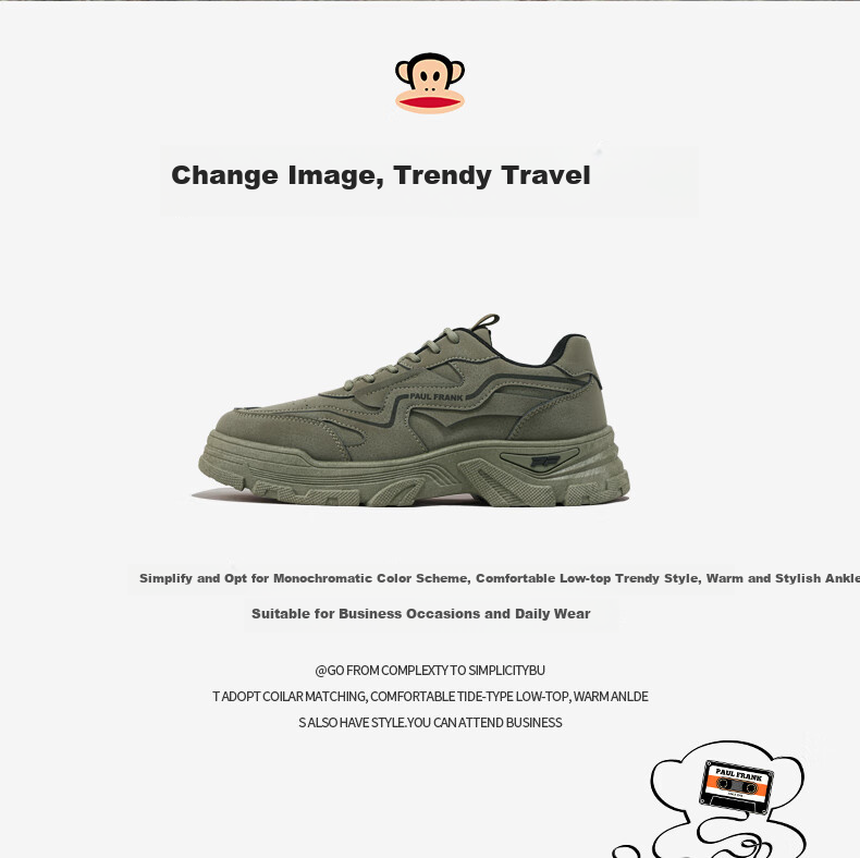 Paul Frank Casual Shoes, Unisex Sneakers, Couple's Martin Boots, Low-Top Outdoor Retro Work Boots, 245U Black, Size 43 1