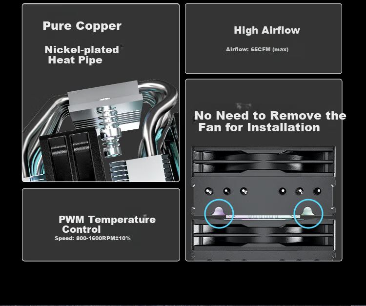 PADO Shengbing 600ST Air-Cooled 6 Heat Pipe CPU Cooler (With Thermal Paste, 240W Power Supply, Blackened Top Cover, Nickel-Plated Anti-Oxidation, Multi-Platform Support, Dual-Tower Dual-Light Fan) 3