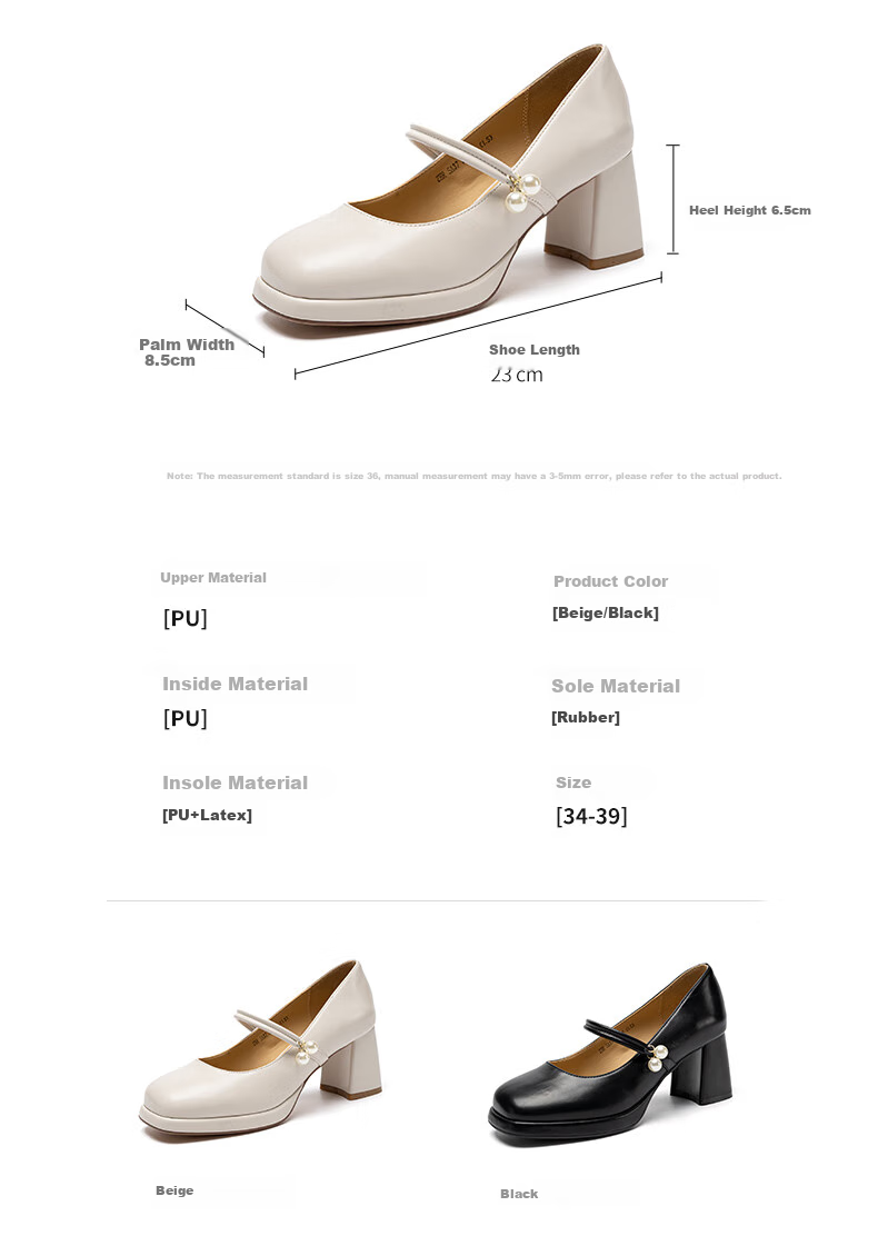 ZHR Women's Lambskin Flats, Shallow Mouth, Chunky High Heels, Mary Jane Shoes, Retro Square Toe, Height-Increasing Women's Shoes, CQ61 Beige, Size 39 4