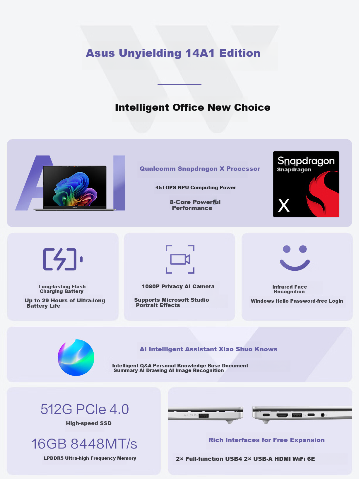 ASUS Wuwei 14 AI Edition 2025 X1407, 14-Inch Colorful Eye-Protection Long Battery Life AI Thin And Light Office Laptop (Snapdragon X, 16GB RAM, 512GB Storage) 4
