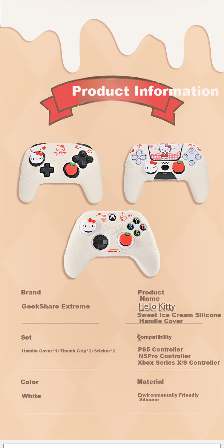 Jixiang Switch PRO Controller Protective Case, Hello Kitty NS PRO Silicone Cover + Joystick Cap, Non-Slip And Sweat-Resistant Soft Shell, Cute Cartoon Design, Game Console Accessory 6