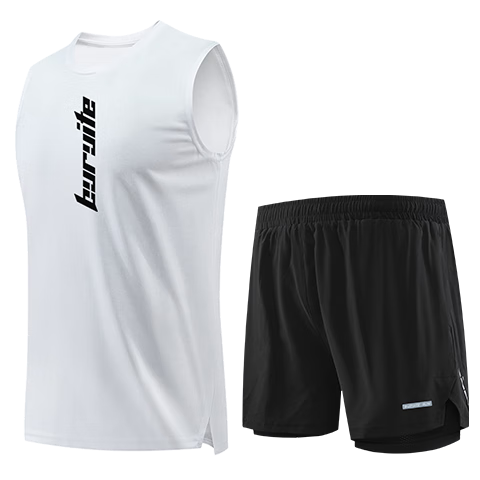 BURUITE Running Sports Set for Men, Ice Silk Vest T-Shirt, Quick-Dry Clothing, Loose-Fitting Marathon Track And Field Training Fitness Wear Shorts