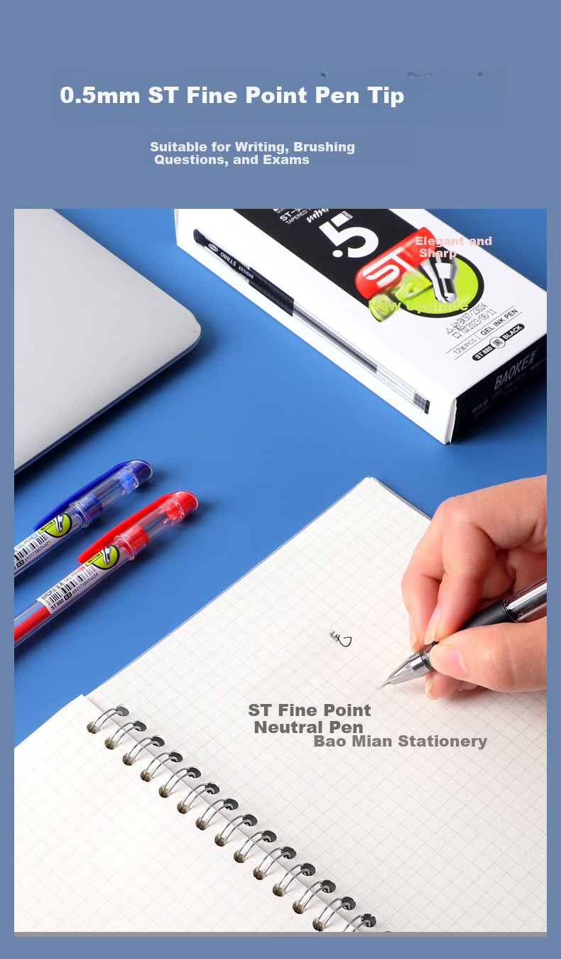 BAOKE ST880 Gel Pen 0.5mm Blue ST Conical Tip Pen for Students, Office, And Signing 12 Pens/Box 6