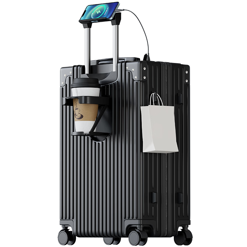 Vantiiear 28-Inch Multifunctional Luggage Suitcase with Wheels, Large Capacity Travel Case for Students, Password Lock, Leather Trunk with Cup Holder, Black