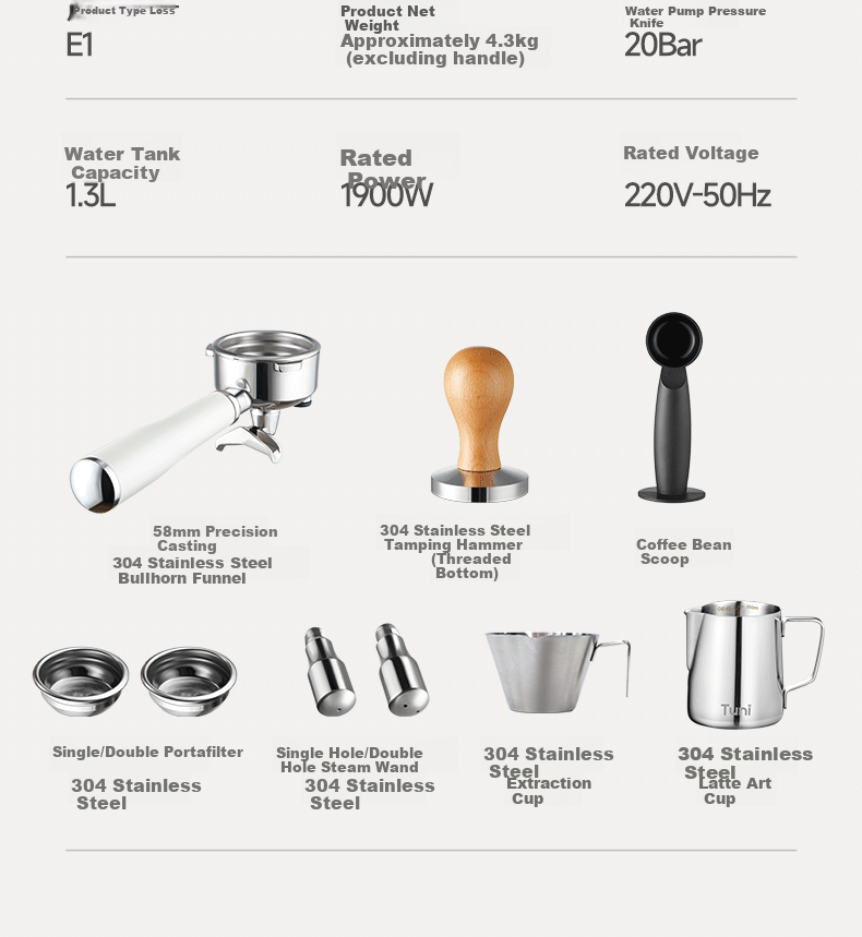 Tuni [Consult Customer Service for Surprises] E1 Compact Home Coffee Machine, Italian Espresso, Semi-Automatic Steam Milk Frother And Latte Art Maker, with Dual Heating System 21