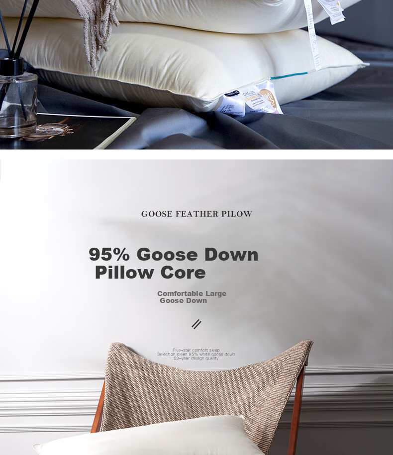 SHEONE down Pillow, 95% White Goose Down, 100-Count Pure Cotton Adult Pillow, Single Pack, 48*74cm 2