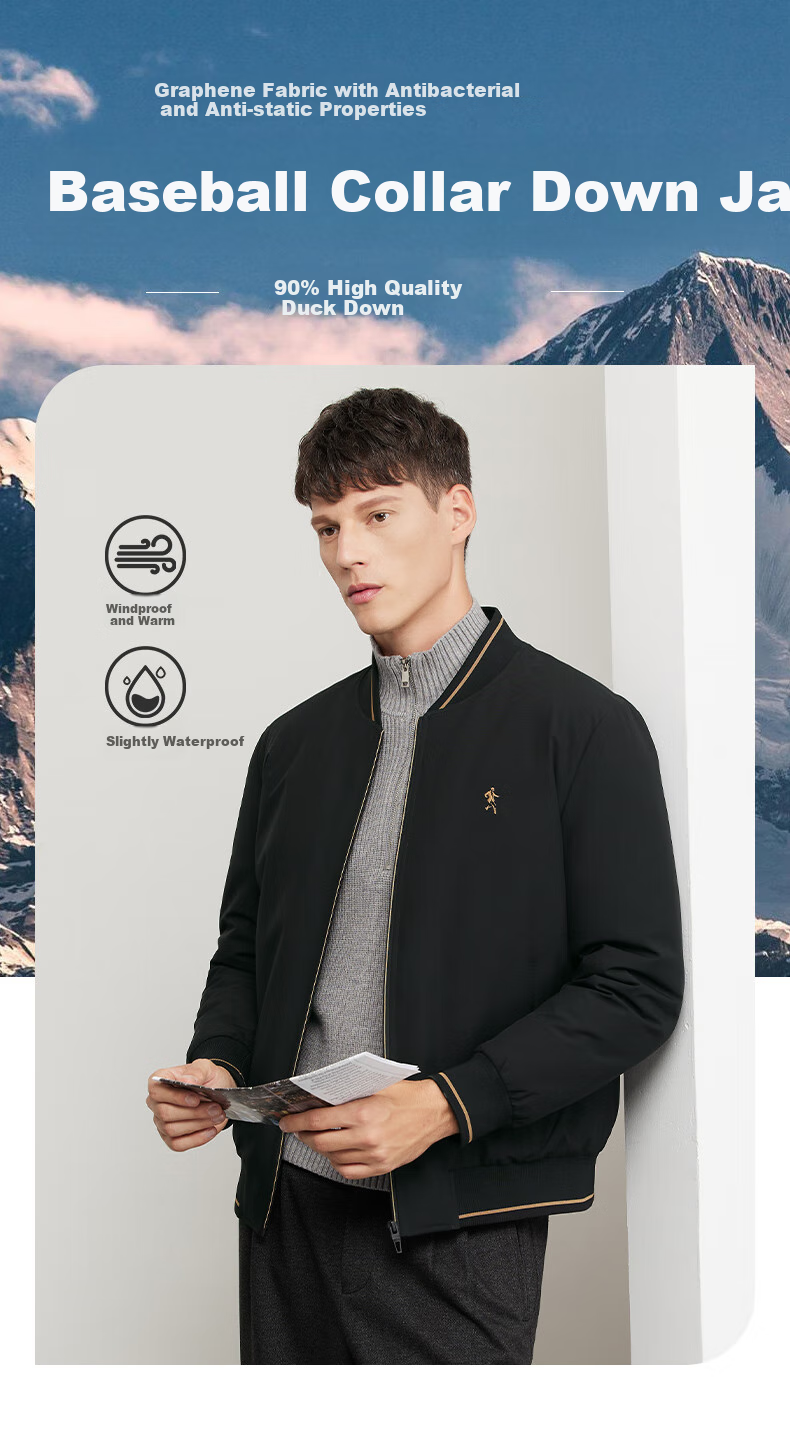 DANCING WOLVES [90% Duck Down + Graphene Lining] Windproof Baseball Jacket Casual Men's Outerwear, 001 Black, Size 165 1