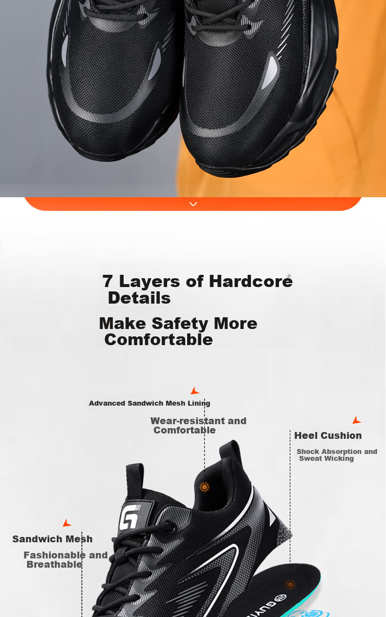JUNBU Safety Shoes for Men, Summer Breathable Steel Toe Cap, Anti-Smashing And Puncture-Resistant, Ultra-Light Work Boots F118BK Size 43 3