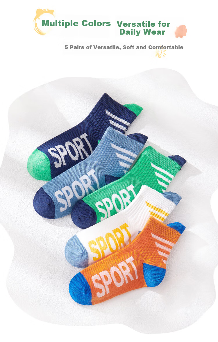 LangSha Children's Socks, Boys' Mid-Calf Cotton Socks for All Seasons, Casual Sports Short Socks for School-Age Kids, 5 Pairs Per Pack 5