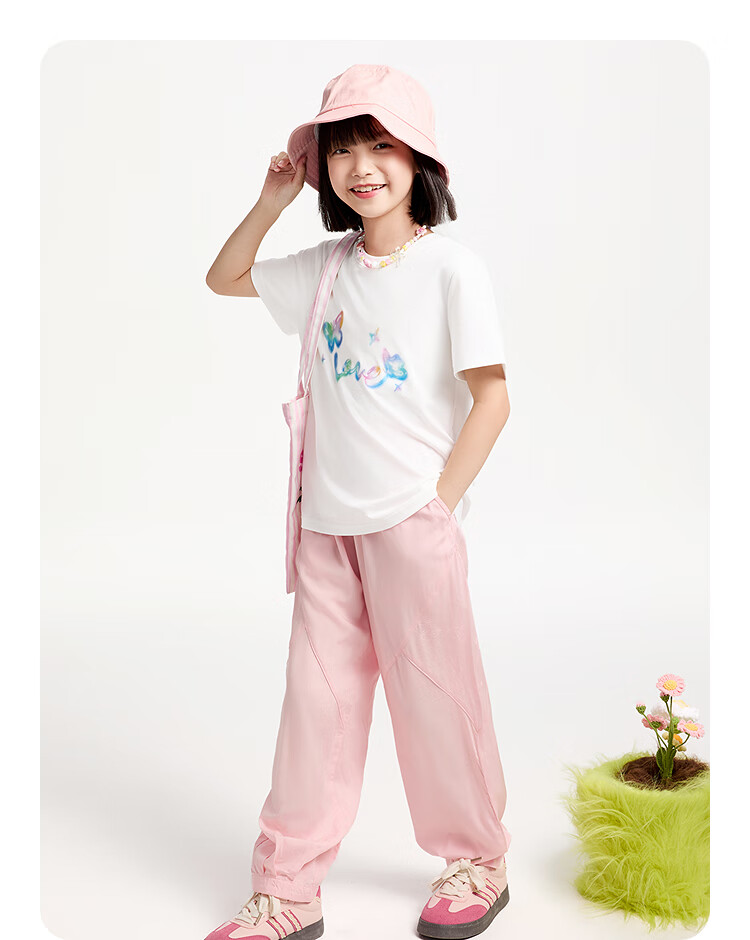 Annil Girls' Round Neck Short-Sleeve T-Shirt, New Summer 2025 Style, Cherry Blossom Pink, Size 120 7