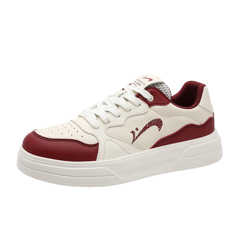 Guirenniao Men's Lightweight Sports Sneakers, Low-Top Soft-Soled Versatile Casual Shoes, Classic White Sneakers, Beige/dark Red, Size 42