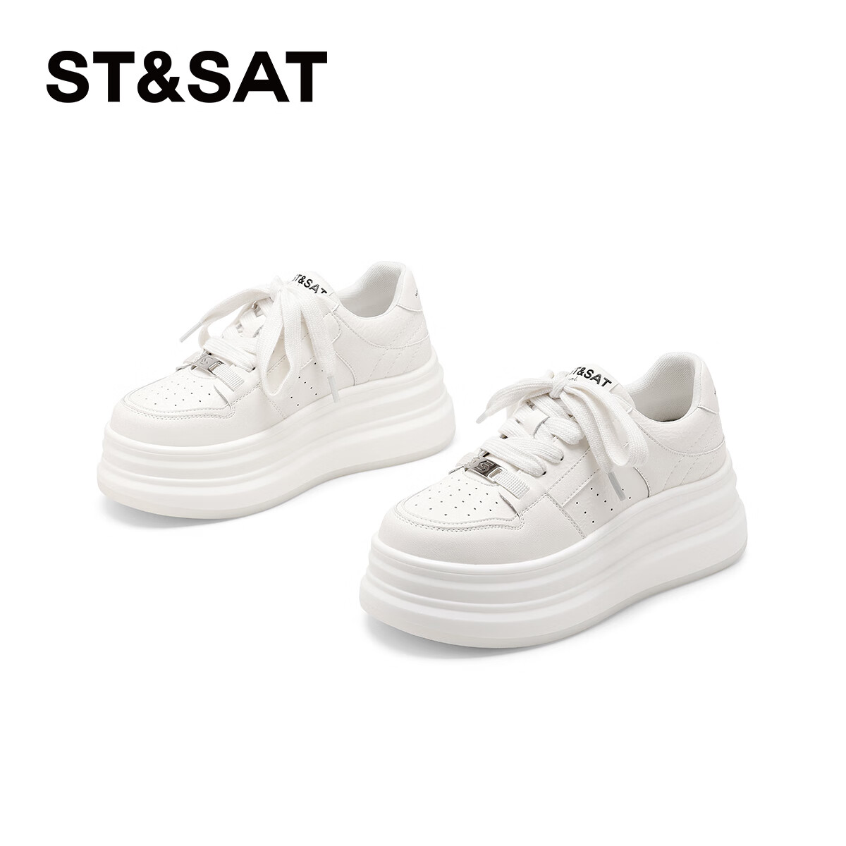St&Sat Women's Thick-Soled Sneakers, 2025 Spring New Versatile Casual Shoes, White Shoes SSD1112C55, Beige, Size 38