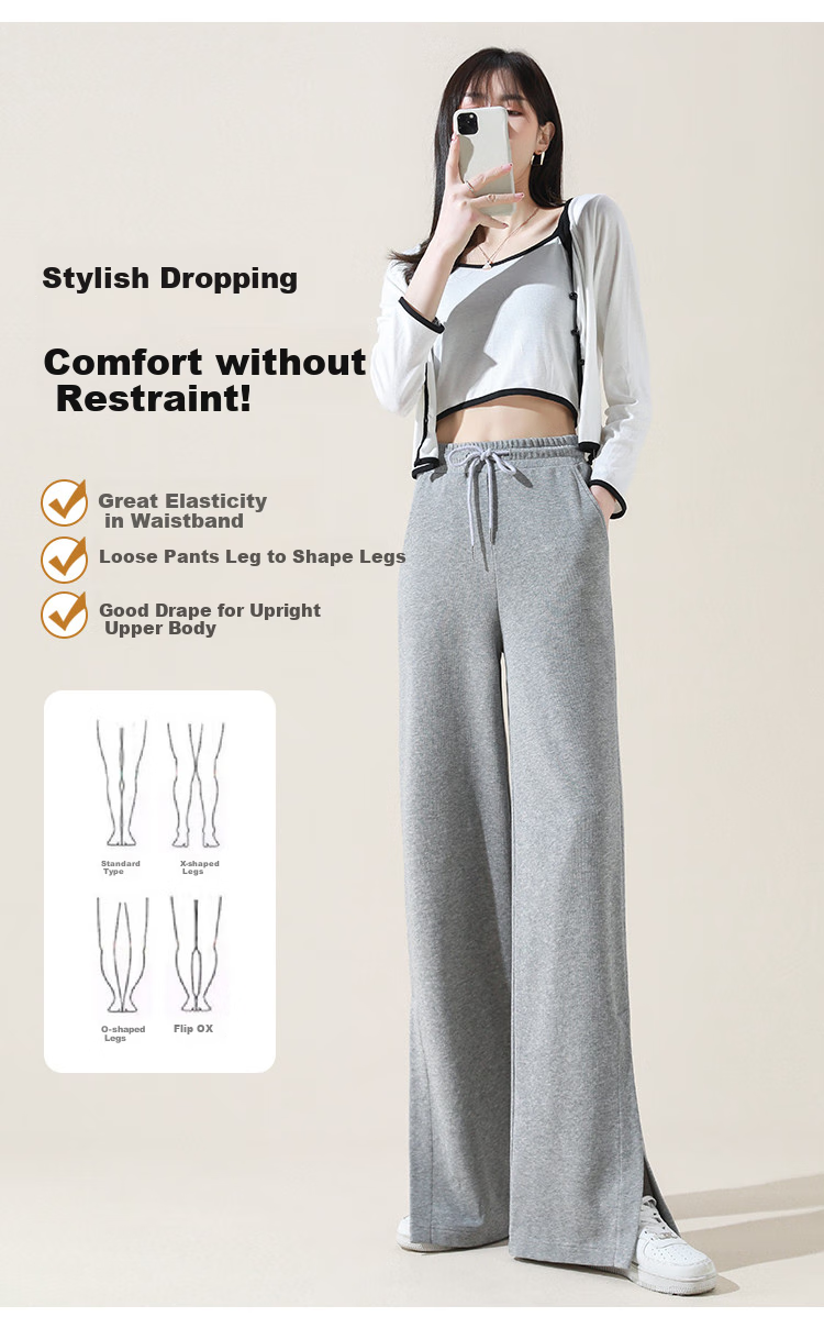 Dme [Knitted Pants] Spring And Autumn Commuter Women's Trousers with Drawstring Elastic Waist Straight Casual Wide-Leg Pants for Wome 7