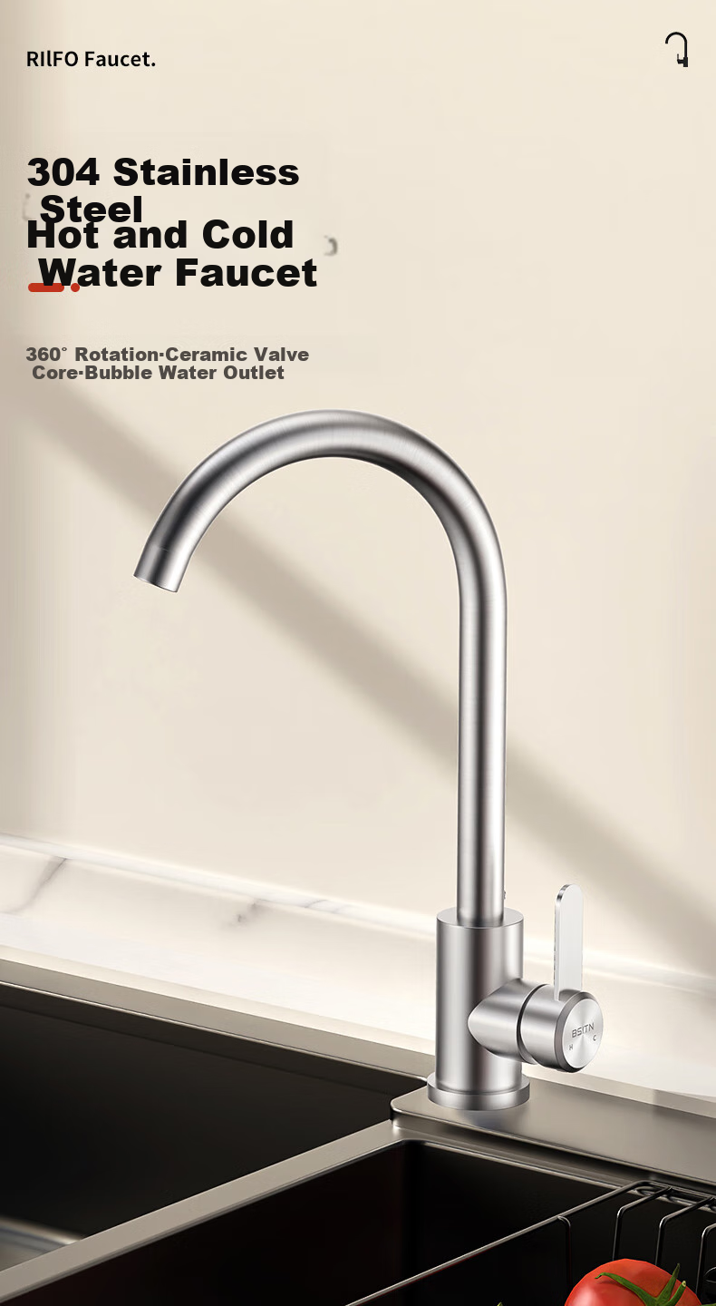 BSITN Wall-Mounted Faucet, Kitchen 304 Stainless Steel Body, Single Cold Quick-Open, 360° Rotating Sink Faucet B6035 1