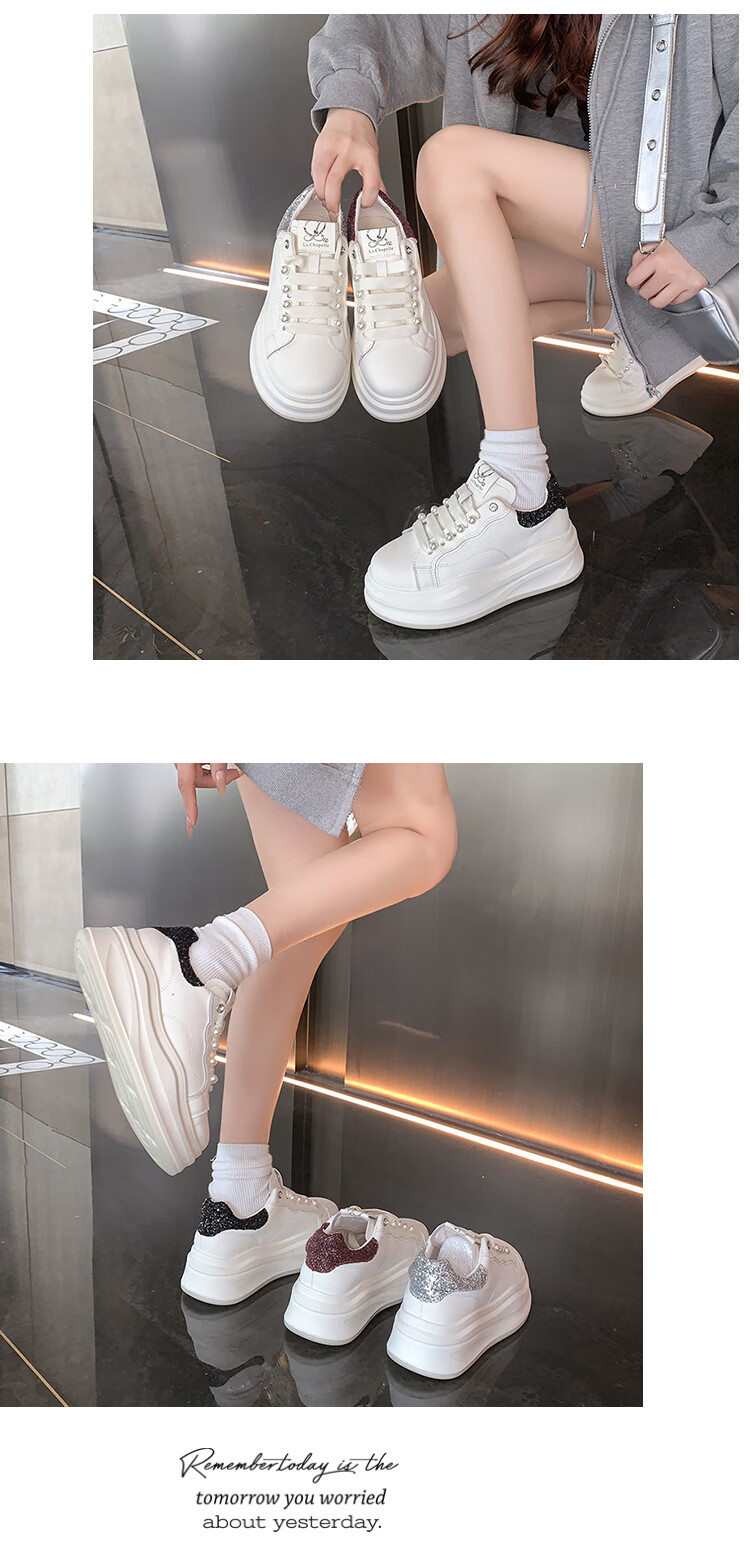 La Chapelle Women's Sneakers, Thick-Soled White Shoes, Versatile Pearl Lace-Up Sports White Shoes-JX005 Silver 39 9