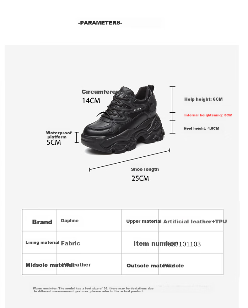 DAPHNE Thick-Soled Height-Increasing Dad Sneakers for Women, Versatile Fashionable Casual Shoes, Style 4623101103, Black, Size 39 4