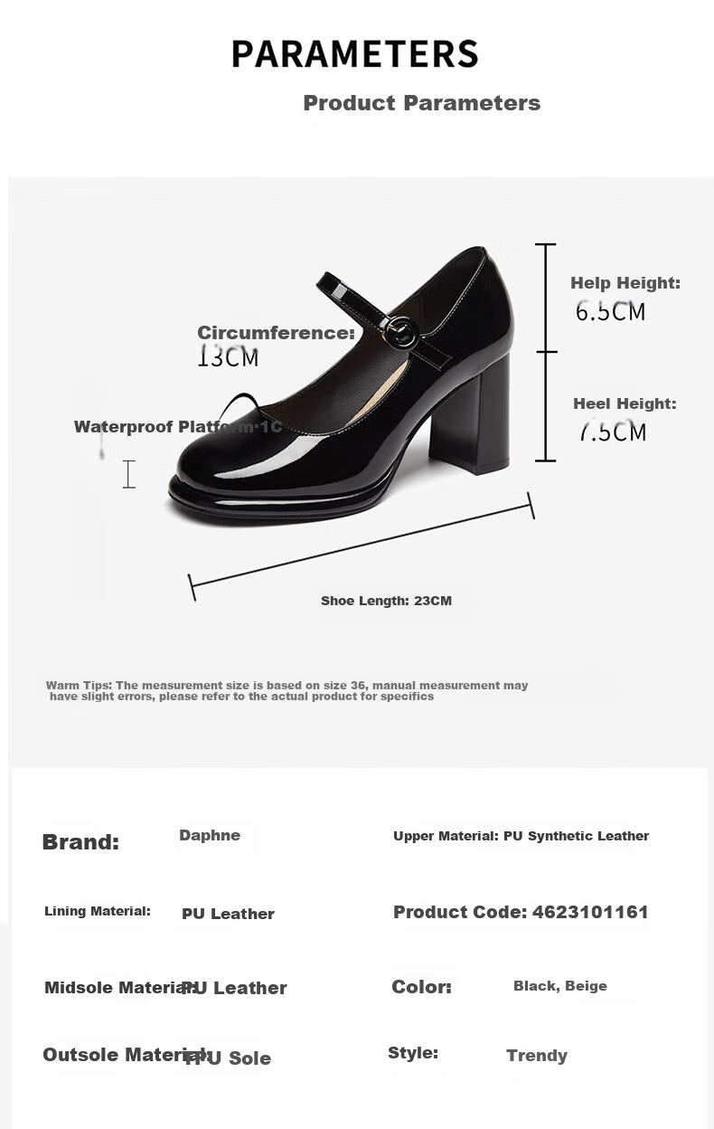 DAPHNE French Chunky Heel Mary Jane Women's Shoes, Square Toe Elegant High Heels, Ankle Strap Pumps 4623101161 Black 35 4