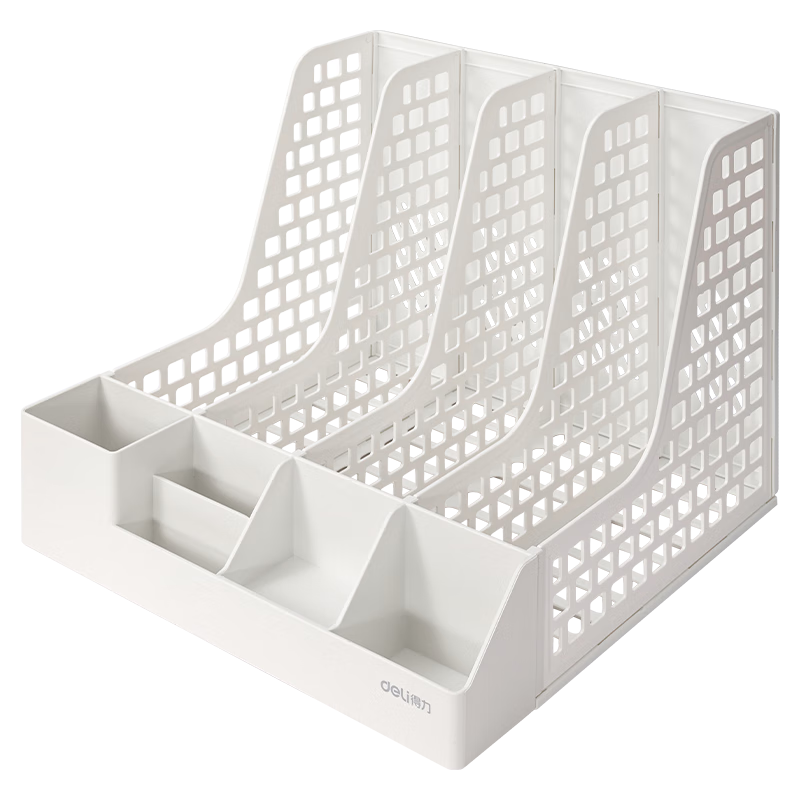 Deli File Organizer, Morandi Desktop Storage Box, Office Report Bookshelf, Student Book Stand, File Basket, Storage Rack with Built-In Pen Holder, White