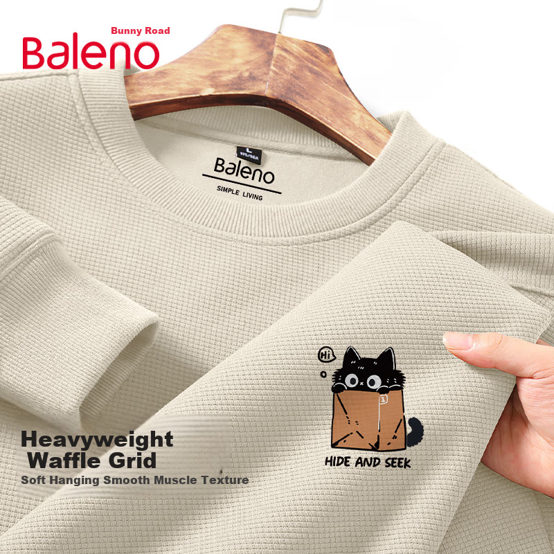Baleno Sweatshirt for Men, Spring And Autumn Heavyweight Trendy Cartoon Print Waffle Knit Crew Neck Jacket, Versatile Loose-Fitting Men's Top