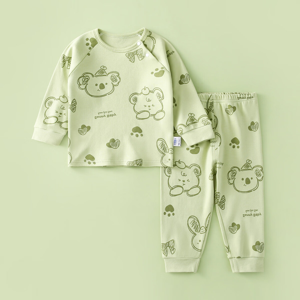 DUOXILUK Children's Outfit Set, Four Seasons Baby Home Wear Pajamas, Cartoon Long-Sleeve for Young Children, Light Green Striped Animal Pattern, Size 100