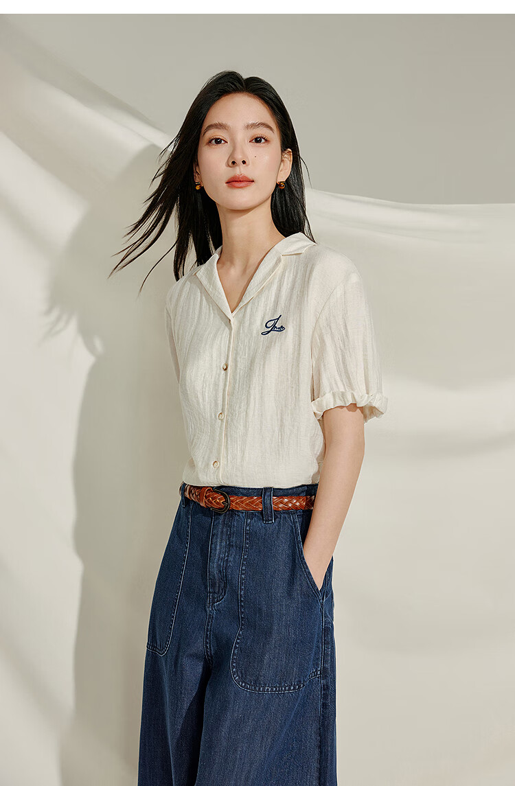 INMAN Summer 2026 Women's Blue Short Sleeve Linen Wrinkle Texture Shirt Light Blue XL 14