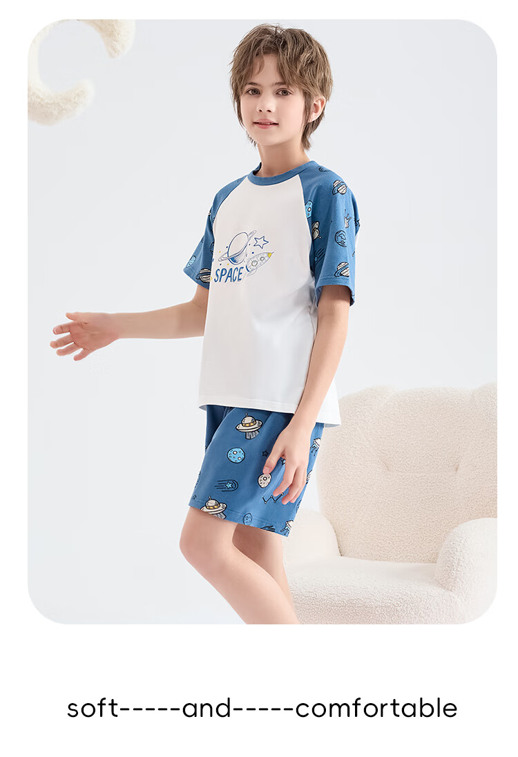 LangSha Children's Pajamas for Boys, Summer Thin Cotton Shorts And Short-Sleeve Sleepwear, Youth Student Home Wear Set for Older Childre 2