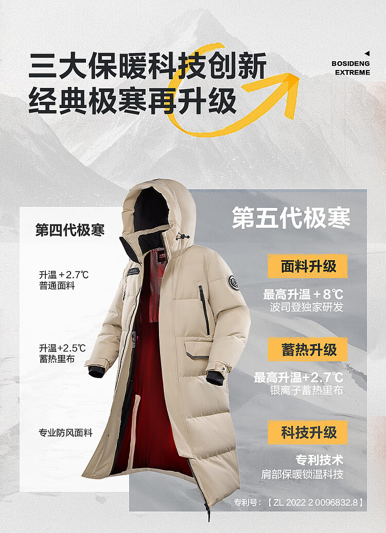 BOSIDENG Extreme Cold Goose Down Jacket Unisex Couple Winter Thickened Hooded Long Warm Coat 3