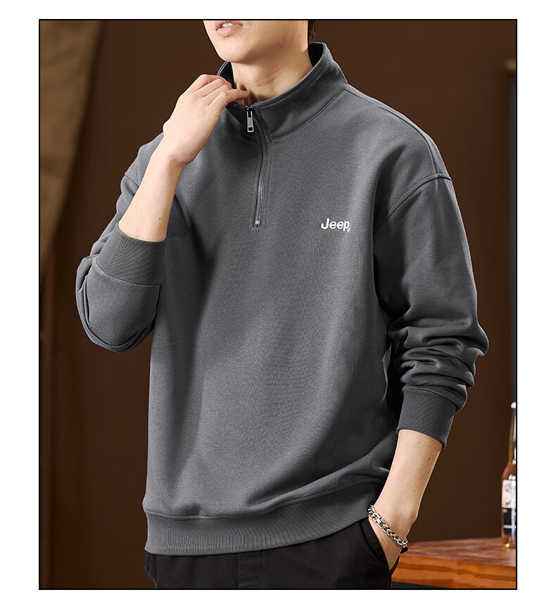 JEEP American-Style Sweatshirt for Men, Spring Trendy Semi-Turtleneck Zip-Up Top, Loose Casual Long-Sleeve T-Shirt for Men's Clothing 14