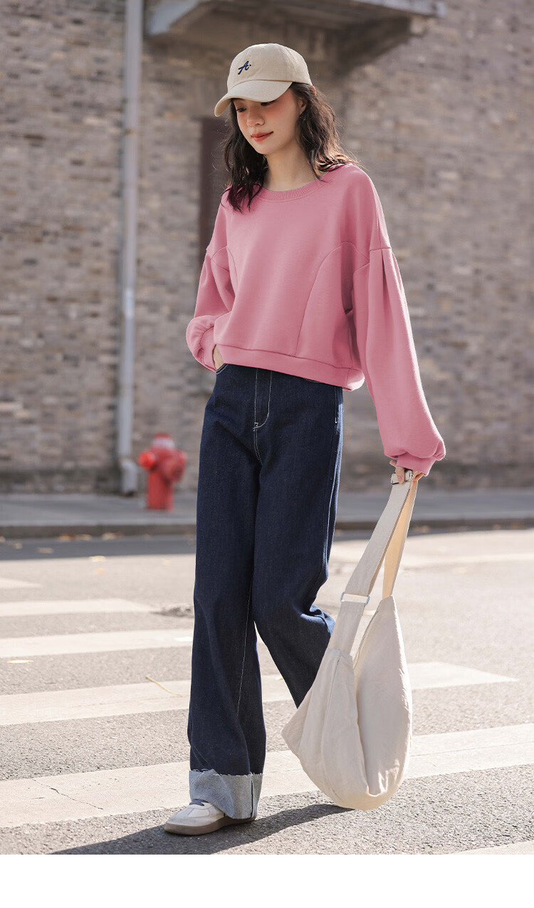 Dme [Raspberry Pink Short Puff Sleeve] Autumn Round Neck Drop Shoulder Puff Sleeve Plus Size Split Design Sweatshirt 11
